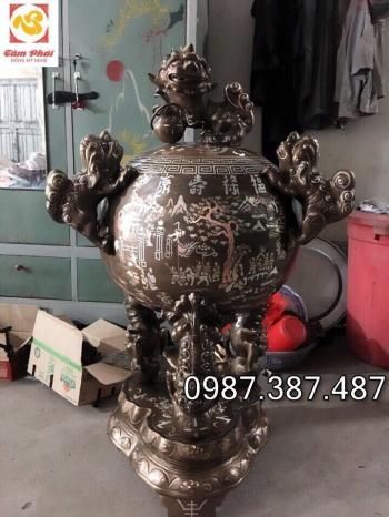 Đỉnh thất lân vờn cầu cao 110cm khảm ngũ sắc cực tinh xảo