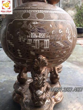 Đỉnh thất lân vờn cầu cao 90cm khảm tam khí - Đỉnh đồng Tâm Phát