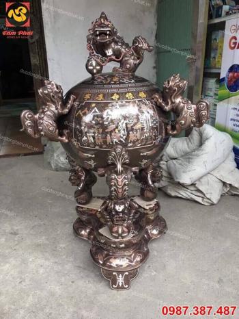 Đỉnh thất lân vờn cầu cao 150cm khảm tam khí - đỉnh đồng Tâm Phát