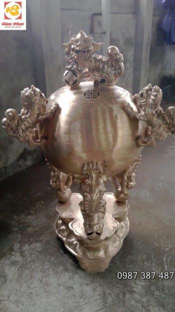 Đỉnh thất lân vờn cầu, đỉnh quả bóng cao 110cm đồng vàng cát tút - Đỉnh đồng Tâm Phát