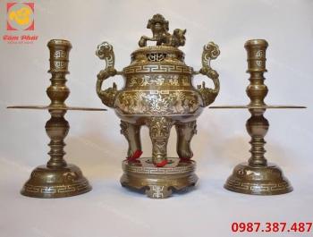 Đỉnh đồng cao 50cm khảm tam khí đẹp đặc sắc