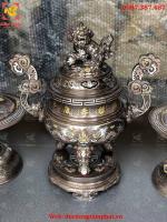 Bộ đỉnh đồng ngũ sự khảm 5 chữ vàng tinh xảo