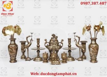 Đỉnh đồng hoa sòi khảm tam khí cao 50cm