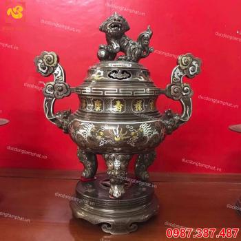 Đỉnh đồng đỏ khảm ngũ sắc