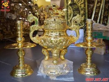 Đỉnh đồng mạ vàng tai mây, rồng nổi cao 50cm