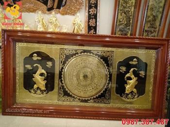 Tranh mặt trống đồng và đôi cá chép thếp vàng 9999  kích thước 2m3 x 1m2