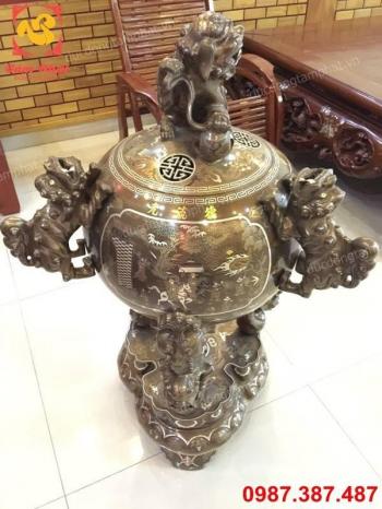 Đỉnh đồng thất lân vờn cầu cao 1m15 khảm ngũ sắc lắp đặt tại tư gia nhà khách..!