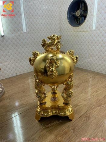 Đỉnh thất lân vờn cầu cao 1m15 đồng đỏ mạ vàng 24k đẹp xuất sắc giá xưởng..!