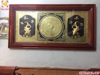 Tranh mặt trống đồng kết hợp Lý Ngư Vọng Nguyệt thếp vàng 9999