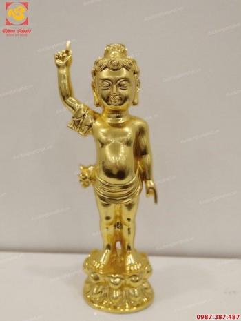 Tượng Phật đản sinh, chậu và môi tắm Phật bằng đồng thếp vàng 9999..!!