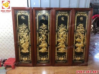 Tranh đồng tứ quý Tùng Cúc Trúc Mai 40cm x 1m2 thếp vàng 9999 tuyệt đẹp khung gỗ..!