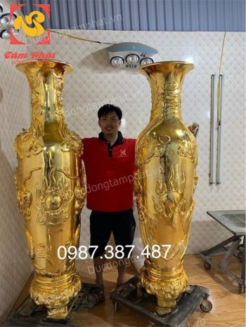 Đôi lọ Lộc Bình cao 1m73 đúc nổi Rồng Phượng mạ vàng 24k tuyệt đẹp..!