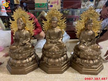 Tượng đồng Tây Phương Tam Thánh cao 72cm đồng đỏ nguyên chất mạ vàng 24k liếc sau tượng..!