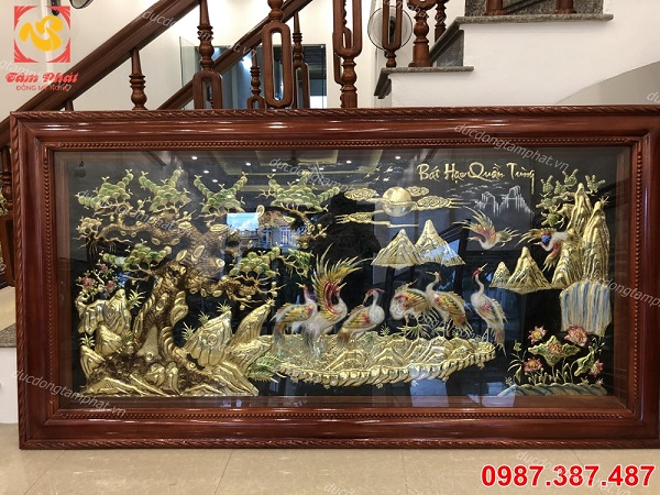 Tranh đồng Bát Hạc Quần Tùng 2m5 chạm thủ công