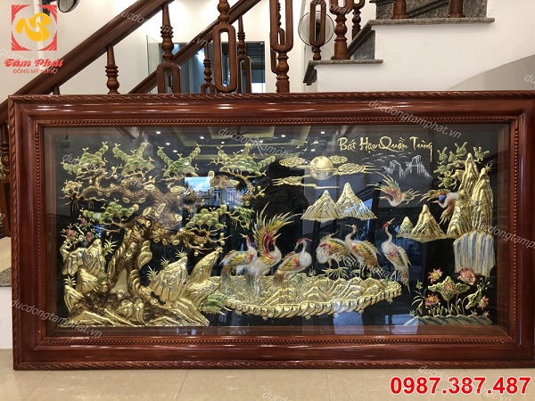 Tranh đồng Bát Hạc Quần Tùng 2m5 chạm thủ công