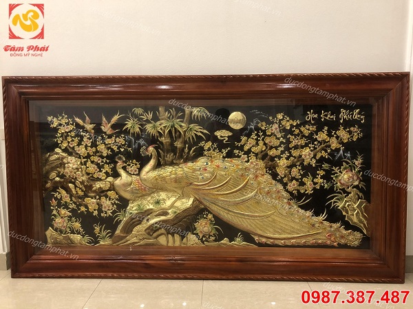 Tranh đồng Hoa Khai Phú Quý khung gỗ cao cấp