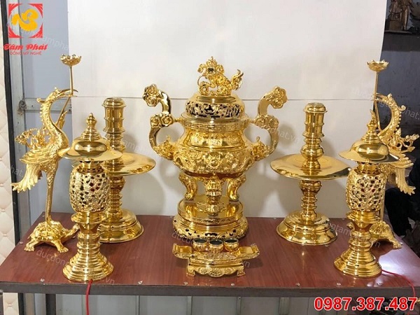 Bộ ngũ sự đỉnh đồng cao 50cm chạm rồng mạ vàng 24k cực đẹp