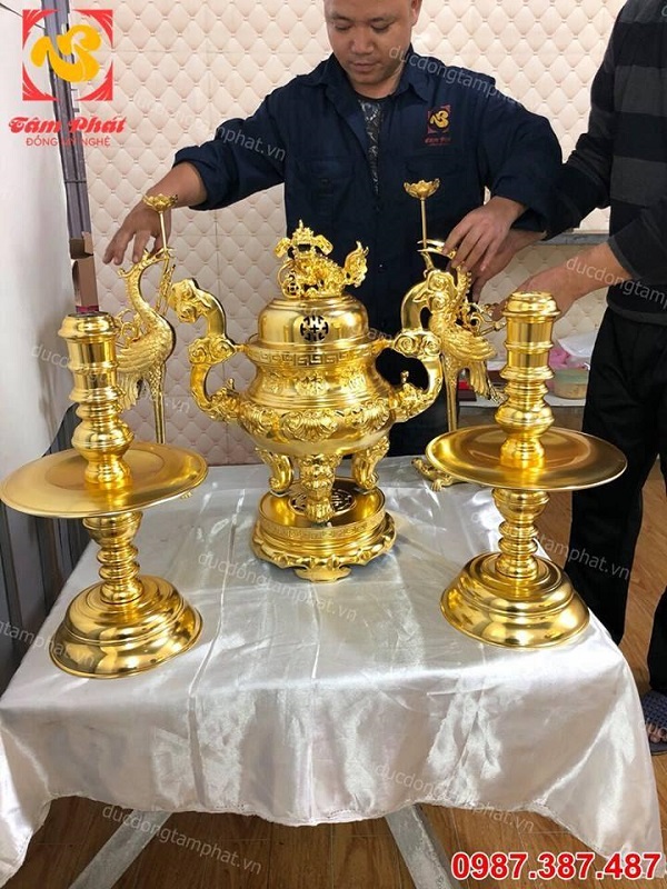 Bộ ngũ sự đỉnh đồng cao 50cm mạ vàng 24k cực tinh xảo, sắc nét, giá xưởng