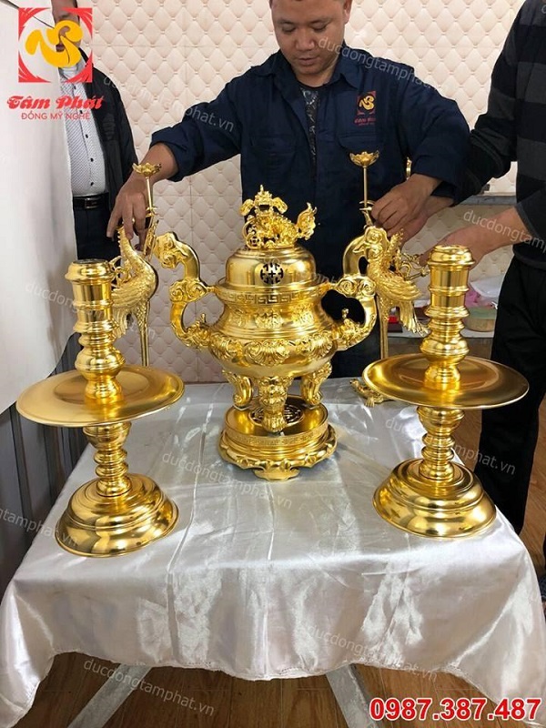 Bộ ngũ sự đỉnh đồng cao 50cm mạ vàng 24k cực tinh xảo, sắc nét, giá xưởng