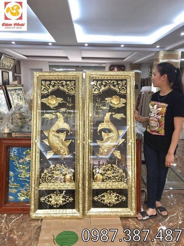 Bộ tranh đồng Lý Ngư Vọng Nguyệt thếp vàng tinh xảo