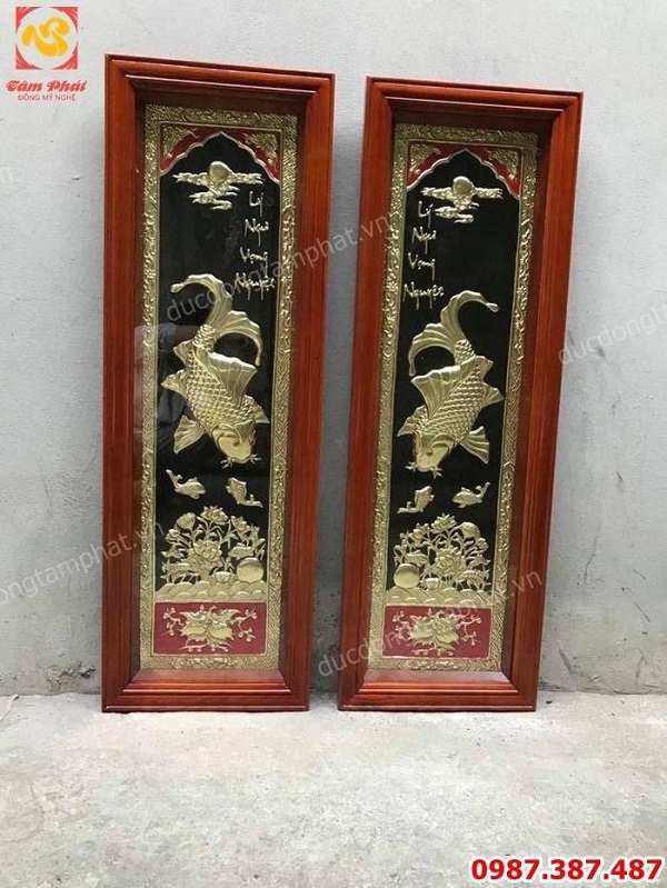 Bộ tranh đồng Lý Ngư Vọng Nguyệt thếp vàng tinh xảo