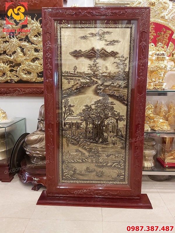 Bức Bình Phong bằng đồng kích thước 1m7 cảnh gợi nhớ quê hương khung gụ tuyệt đẹp..!