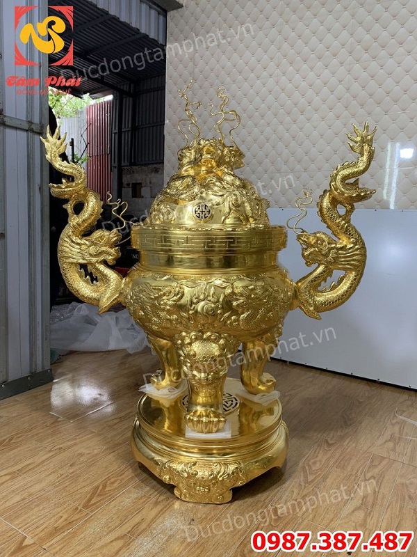 Đỉnh Cửu Long - Đỉnh Rồng đúc đồng đỏ dát vàng 9999 cao 1m17