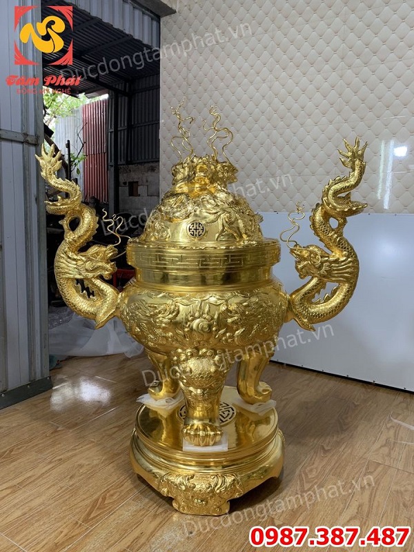 Đỉnh Cửu Long - Đỉnh Rồng đúc đồng đỏ dát vàng 9999 cao 1m17