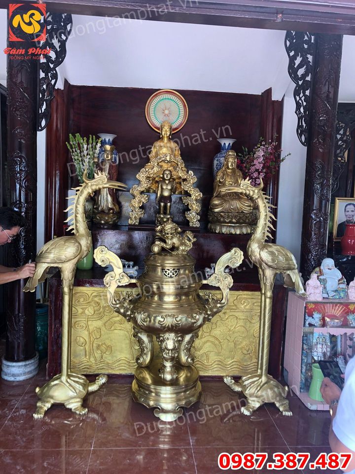 Đỉnh đồng cát tút cao 1m5 và Đôi hạc cao 1m93 cực đẹp giao chùa Bình Dương