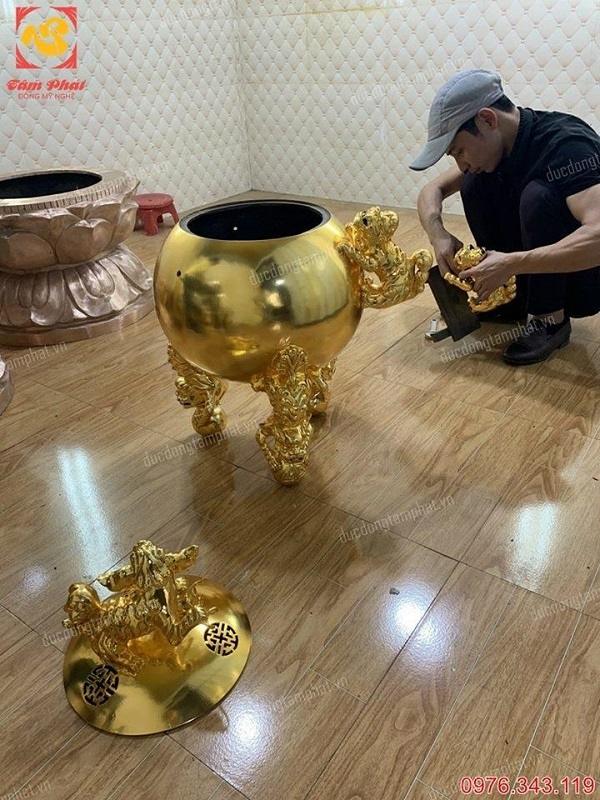 Đỉnh thất lân vờn cầu cao 1m15 đồng đỏ mạ vàng 24k đẹp xuất sắc giá xưởng