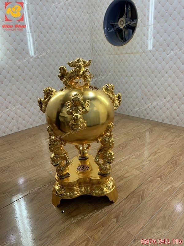 Đỉnh thất lân vờn cầu cao 1m15 đồng đỏ mạ vàng 24k đẹp xuất sắc giá xưởng