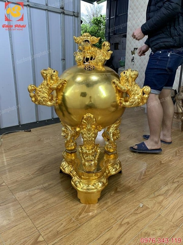 Đỉnh thất lân vờn cầu cao 1m15 đồng đỏ mạ vàng 24k đẹp xuất sắc giá xưởng