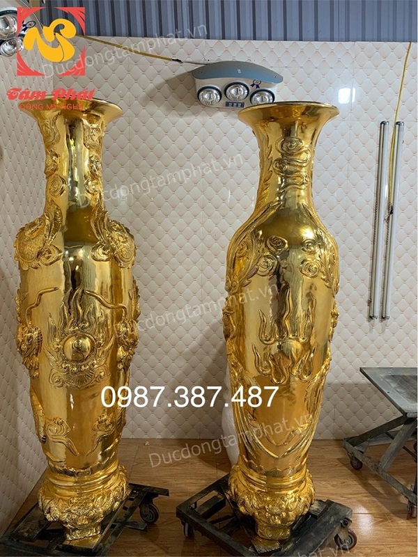 Đôi lọ Lộc Bình cao 1m73 đúc nổi Rồng Phượng mạ vàng 24k tuyệt đẹp..!