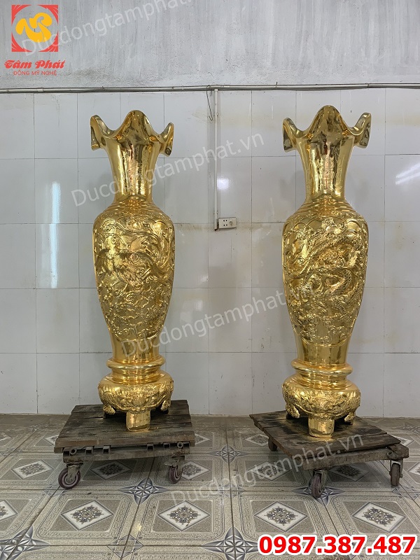 Đôi lọ lộc bình khảm rồng phượng mạ vàng cao 1m6 nặng 300kg.!