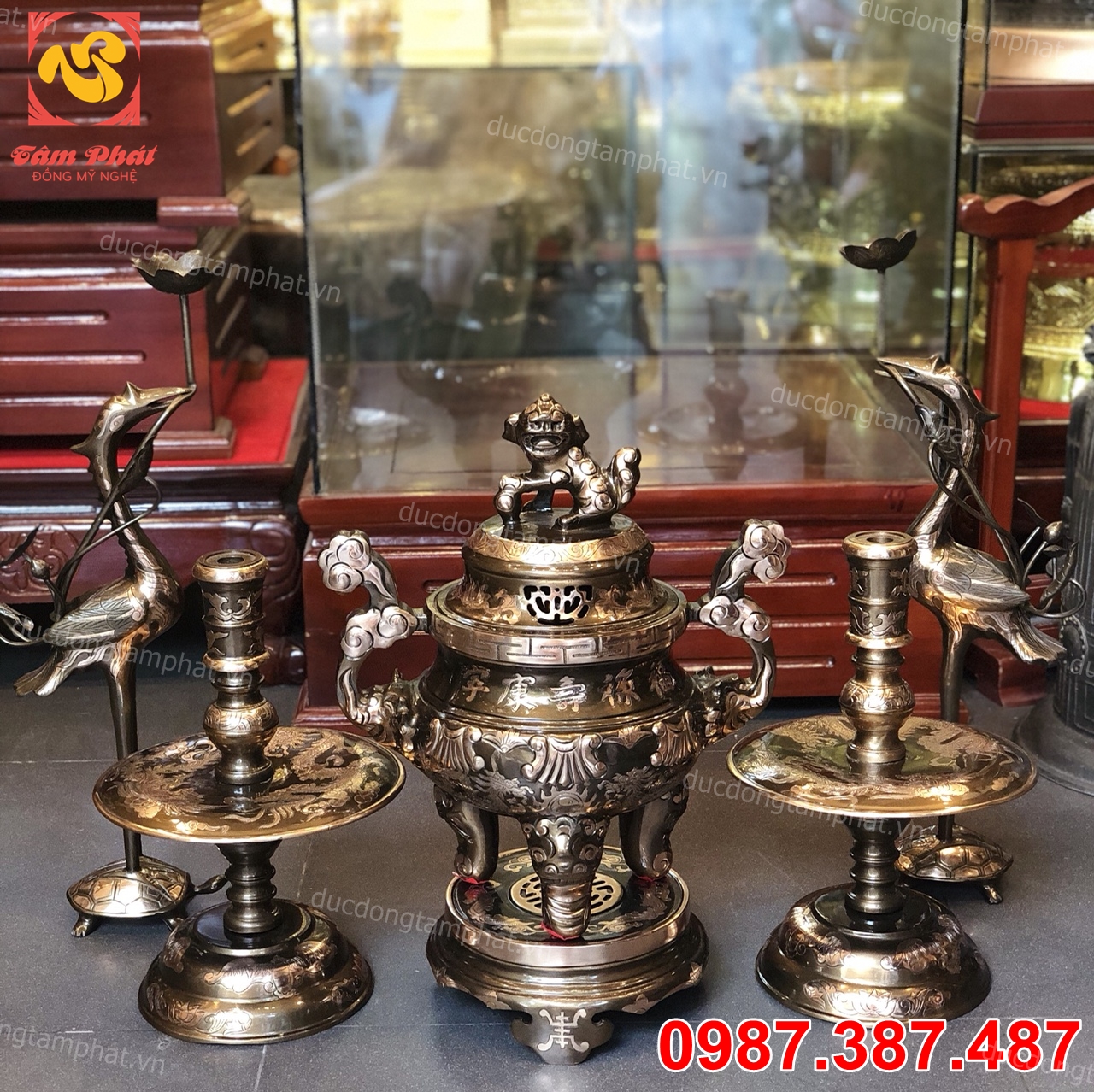 Bộ đỉnh ngũ sự đồng đỏ cao 50cm