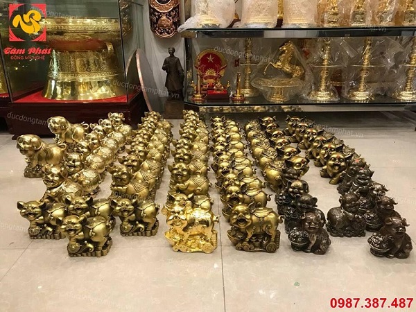 Linh vật heo phong thuỷ bằng đồng mạ vàng tuyệt đẹp, kích thước đa dạng