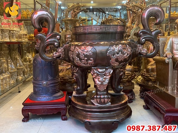Lư hương bằng đồng cao 1m2 đường kính miệng 50cm đồng đỏ phớt nỉ cực đẹp