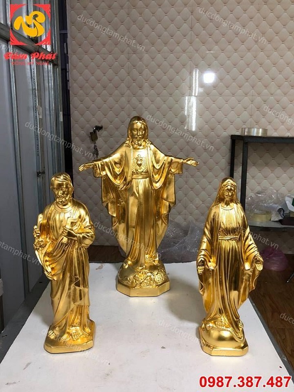 Bộ ba tượng đồng Đức Mẹ Maria, Đức Chúa Giêsu và Thánh Giuse thếp vàng 9999, cao 40cm và 50cm (Phần 1)