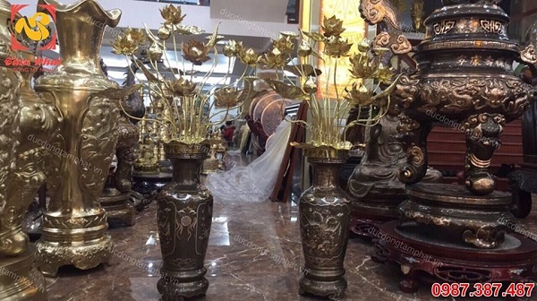 Đôi lọ hoa cao 60cm bằng đồng khảm tam khí