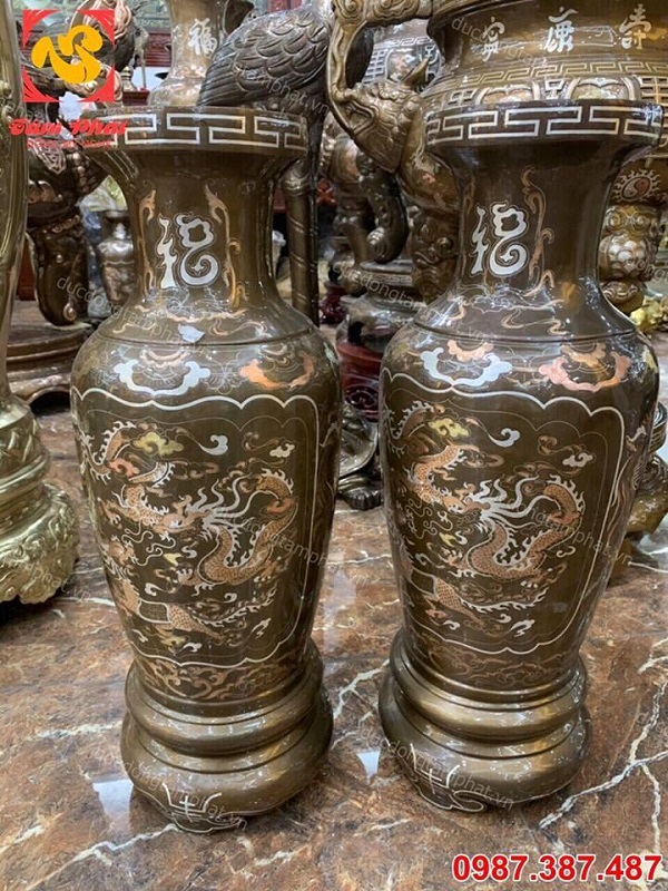 Đôi lọ hoa cao 60cm bằng đồng khảm tam khí