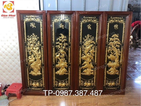 Tranh đồng tứ quý Tùng Cúc Trúc Mai 40cm x 1m2 thếp vàng 9999 tuyệt đẹp khung gỗ