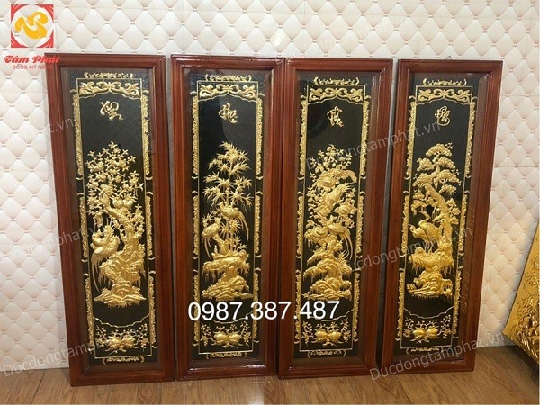 Tranh đồng tứ quý Tùng Cúc Trúc Mai 40cm x 1m2 thếp vàng 9999 tuyệt đẹp khung gỗ