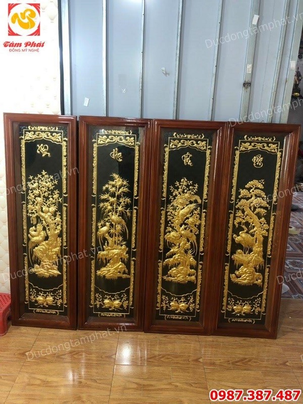 Tranh đồng tứ quý Tùng Cúc Trúc Mai 40cm x 1m2 thếp vàng 9999 tuyệt đẹp khung gỗ