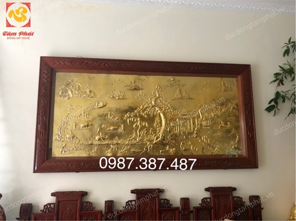 Tranh đồng Vinh Quy Bái Tổ kích thước 2m8 mạ vàng 24k khung gỗ gụ tuyệt đẹp