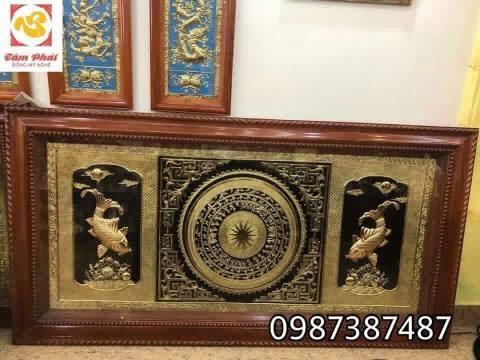 Tranh mặt trống đồng kết hợp Lý Ngư Vọng Nguyệt thếp vàng 9999