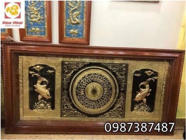 Tranh mặt trống đồng khung gỗ đường kính 70cm thếp vàng 9999