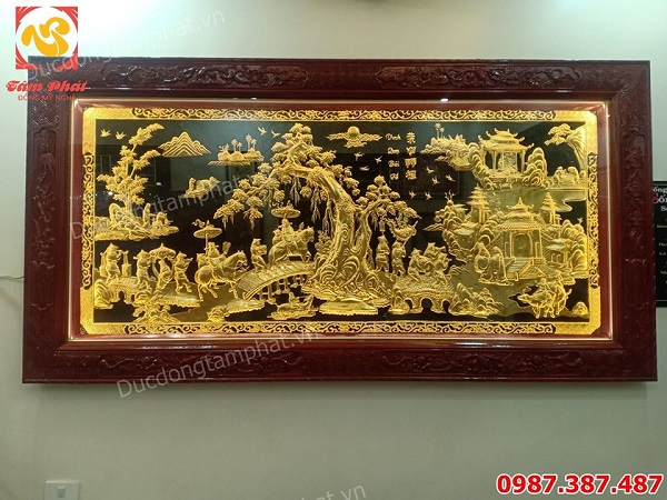 Tranh Vinh Quy Bái Tổ 1m7 khung gỗ gụ dát vàng 9999 tuyệt đẹp