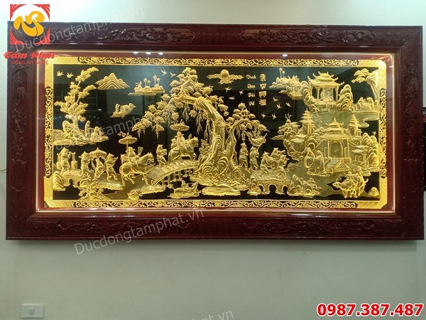 Tranh Vinh Quy Bái Tổ 1m7 khung gỗ gụ dát vàng 9999 tuyệt đẹp
