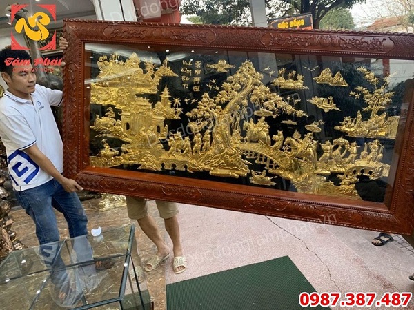 Tranh Vinh Quy Bái Tổ dát vàng 9999 cực tinh xảo khung gỗ gụ.!