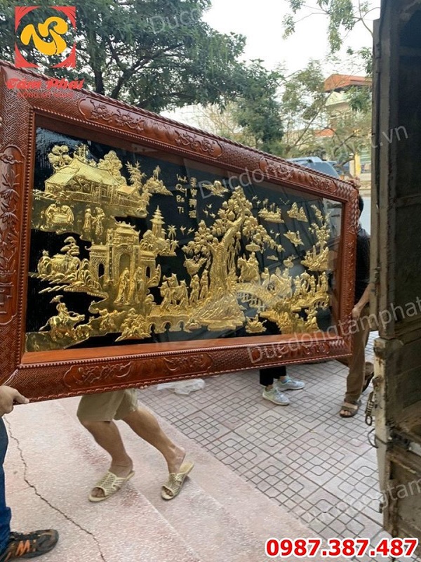 Tranh Vinh Quy Bái Tổ dát vàng 9999 cực tinh xảo khung gỗ gụ.!